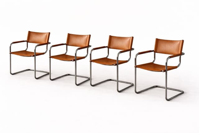 Zestaw 4 foteli z giętej stali wg proj. S34, M. Stam, brązowy, skóra naturalna - WYMIARY