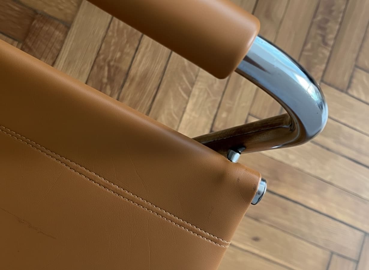 Zestaw 4 foteli z giętej stali wg proj. S34, M. Stam, brązowy, skóra naturalna - 288959