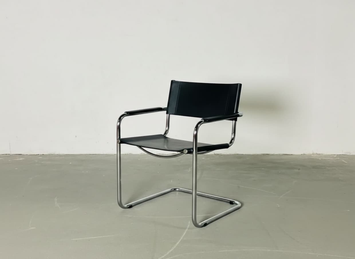 Zestaw 4 foteli z giętej stali wg proj. S34, M. Stam, czarny, skóra naturalna - 288964