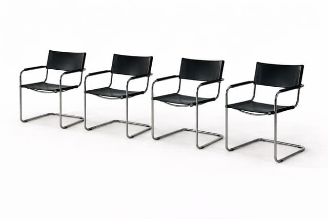Zestaw 4 foteli z giętej stali wg proj. S34, M. Stam, czarny, skóra naturalna - WYMIARY