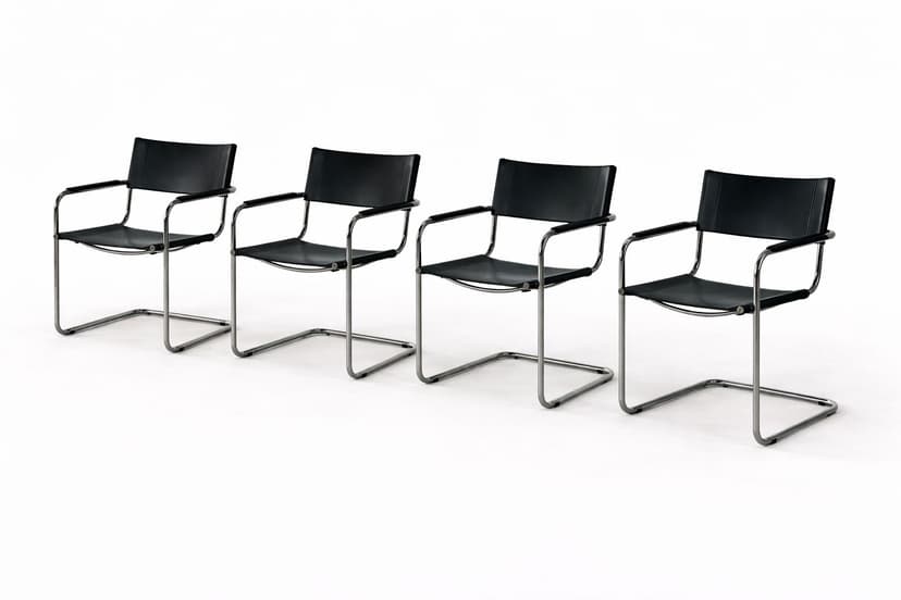 Zestaw 4 foteli z giętej stali wg proj. S34, M. Stam, czarny, skóra naturalna