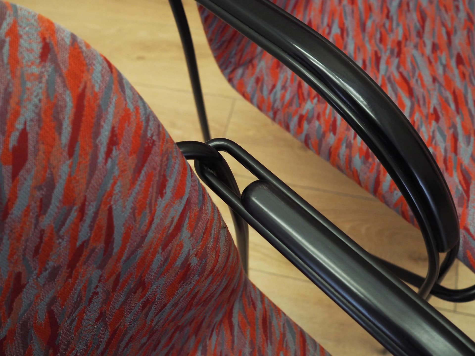 Set of Four Postmodern Armchairs, multicolor fabric, black metal, Italy, 1980s - 21532