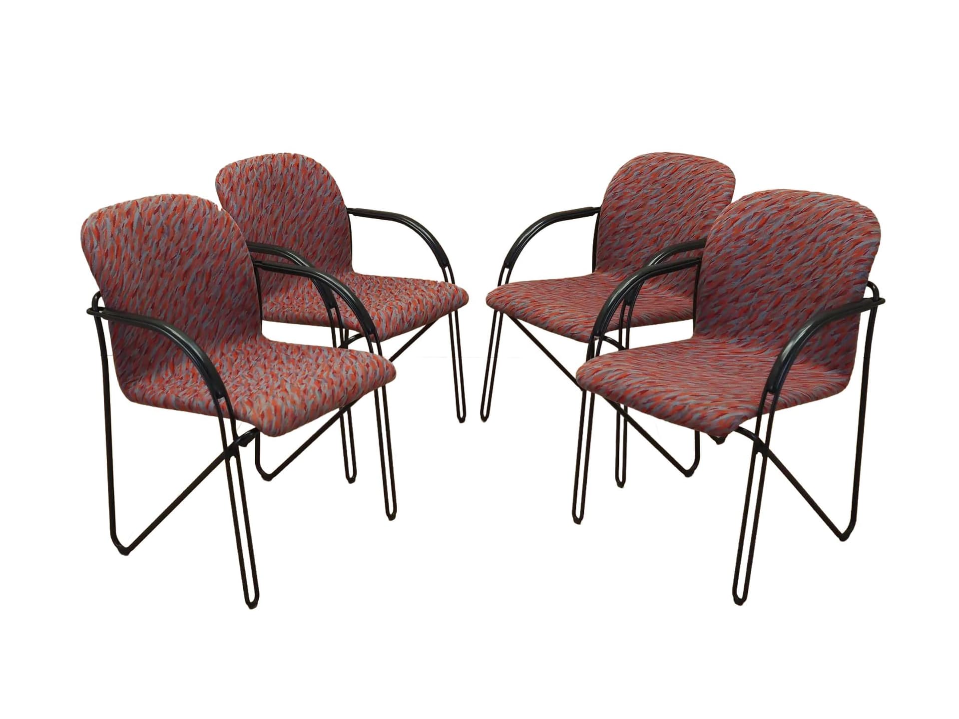 Set of Four Postmodern Armchairs, multicolor fabric, black metal, Italy, 1980s