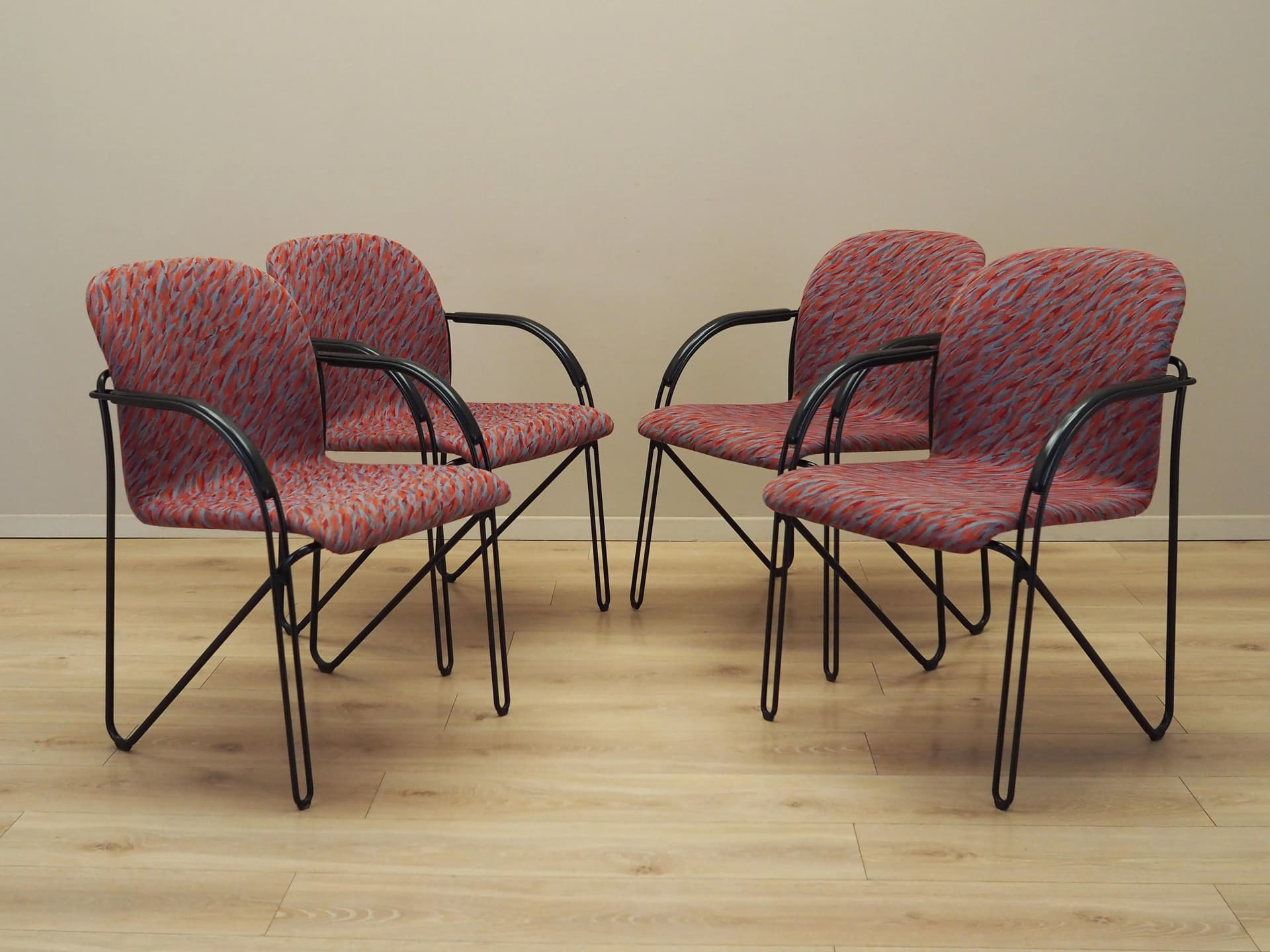 Set of Four Postmodern Armchairs, multicolor fabric, black metal, Italy, 1980s - 21526