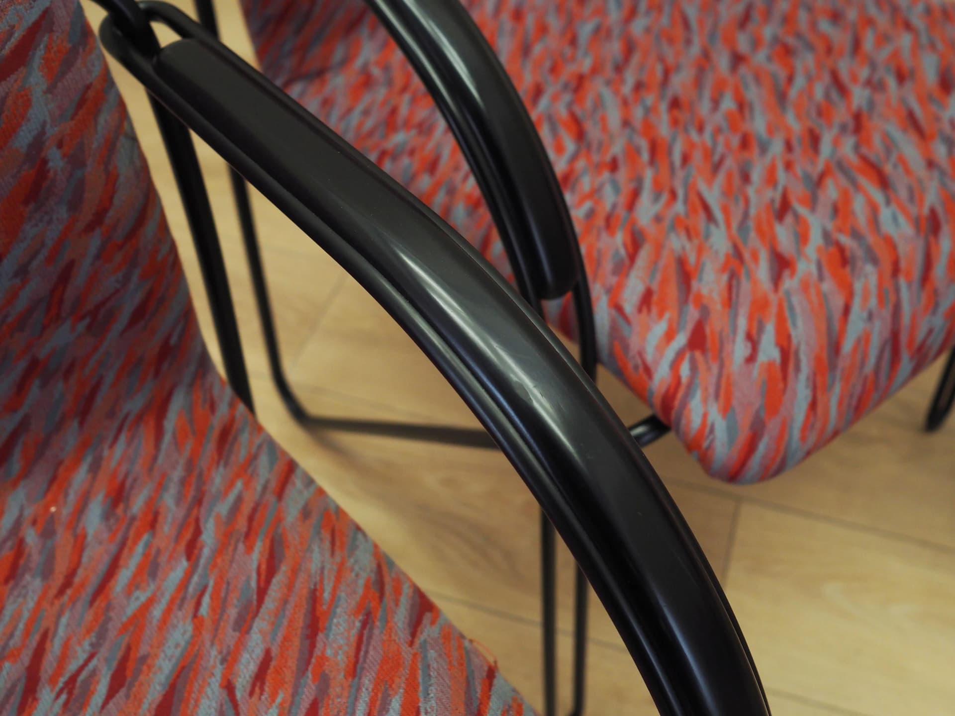 Set of Four Postmodern Armchairs, multicolor fabric, black metal, Italy, 1980s - 21530