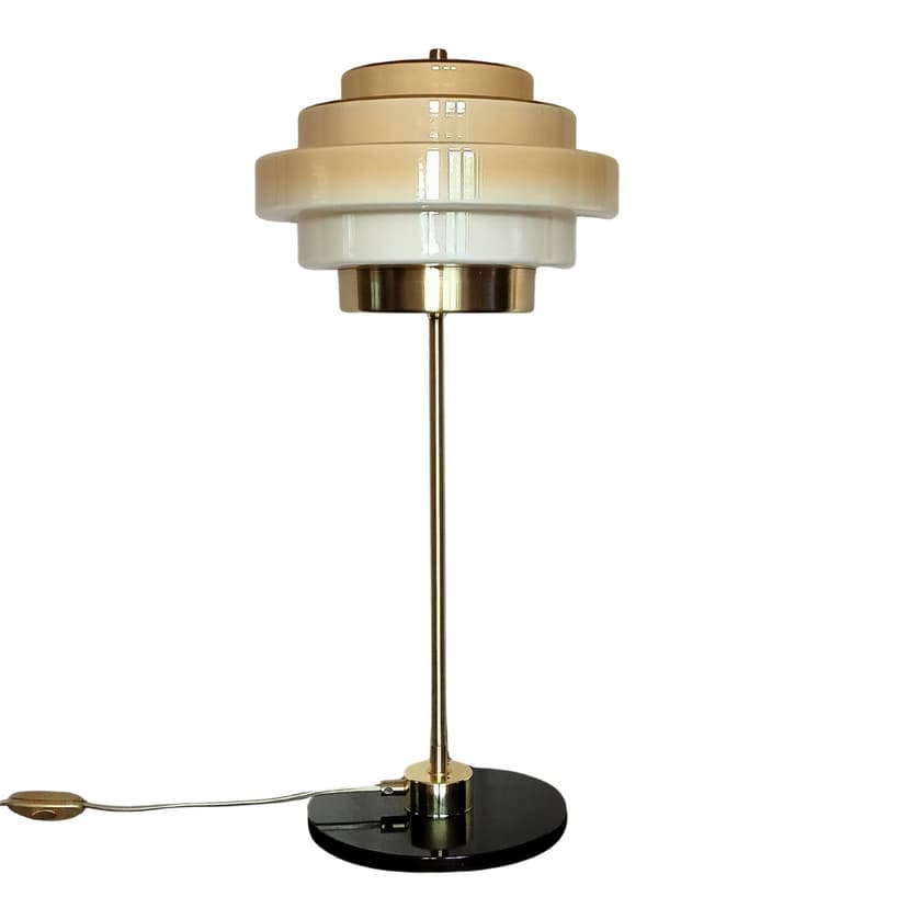 Lampa biurkowa, szkło beżowe, mosiądz, Niemcy, lata 70.