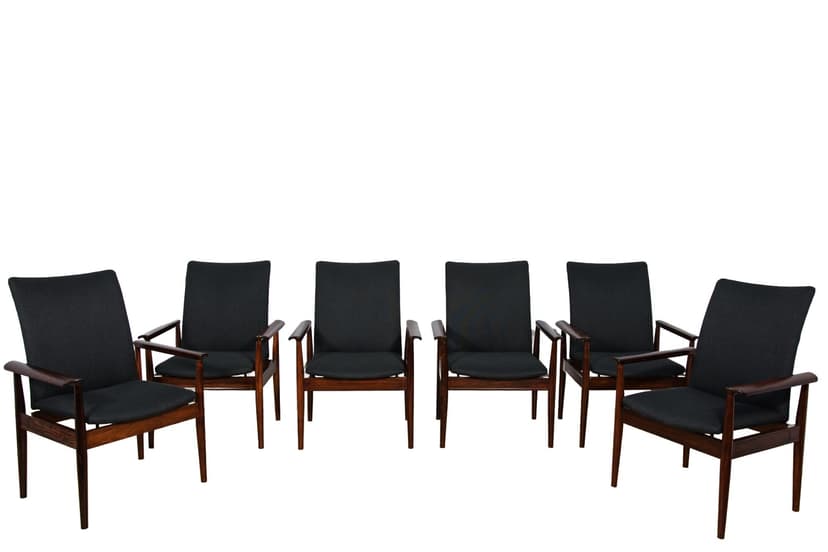 Komplet sześciu krzeseł Diplomat, wełna czarna, palisander, proj. F. Juhl, dla France & Søn, Dania, lata 60.