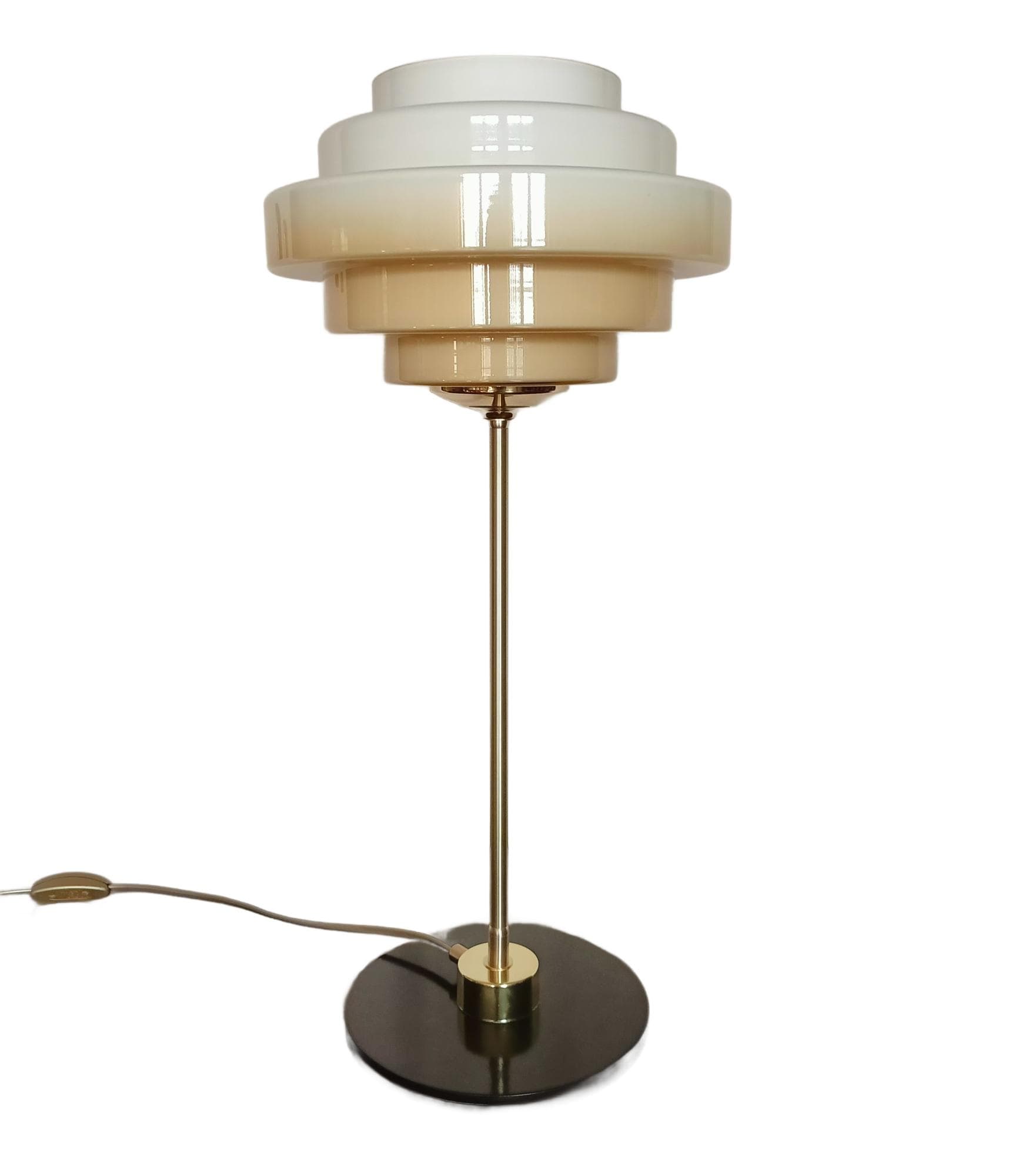 Lampa biurkowa, szkło beżowe, mosiądz, Niemcy, lata 70.