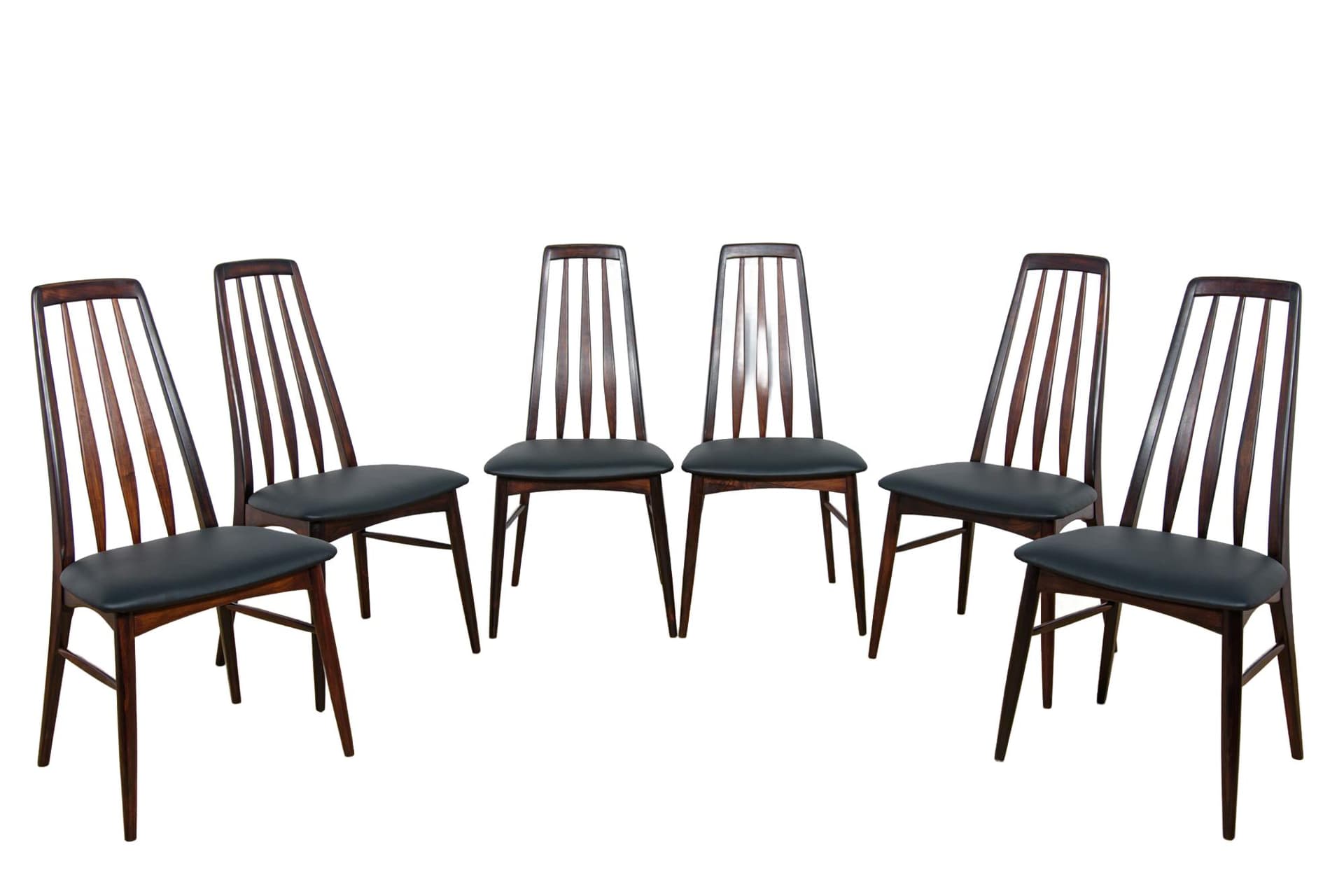 komplet sześciu krzeseł Eva, palisander brąz, skóra naturalna czarna, proj. N. Koefoed, Wielka Brytania, lata 60.
