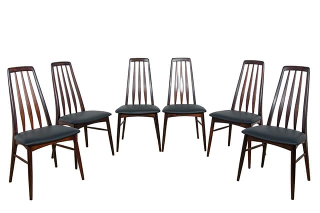 komplet sześciu krzeseł Eva, palisander brąz, skóra naturalna czarna, proj. N. Koefoed, Wielka Brytania, lata 60. - WYMIARY