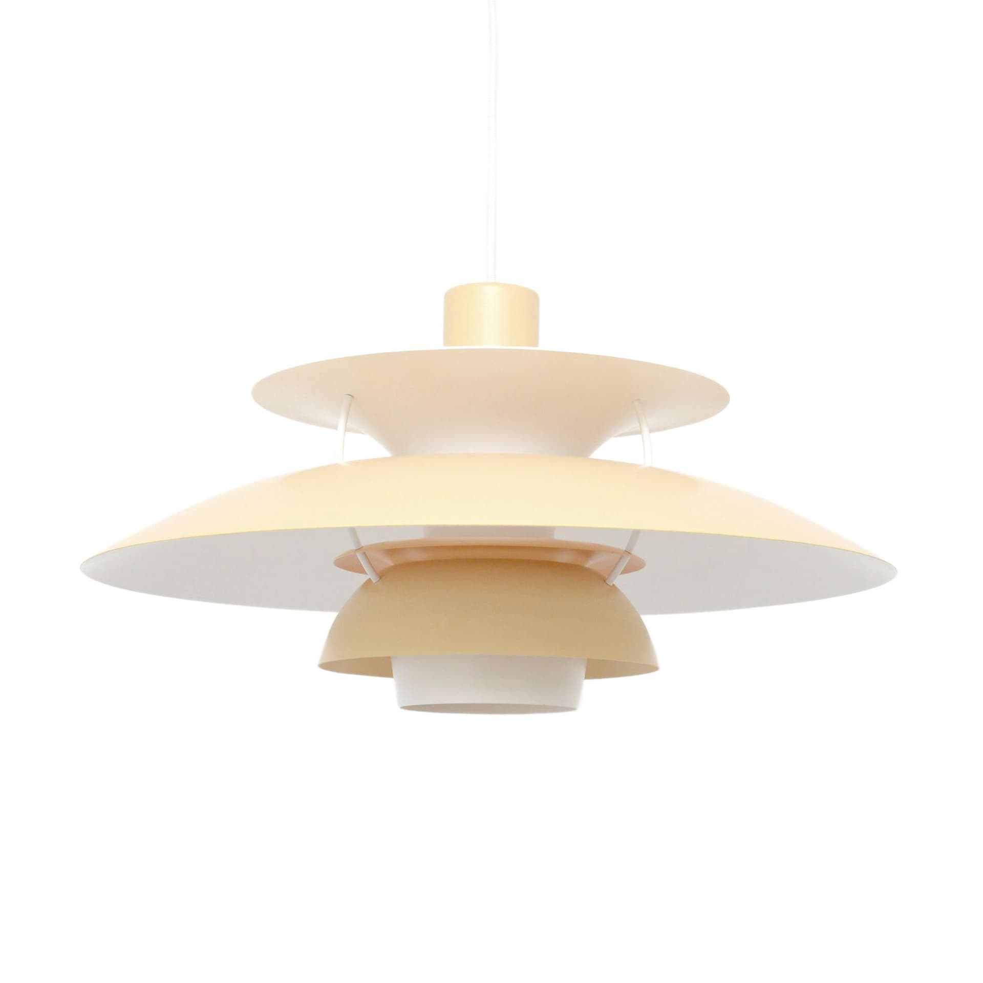 Pendant lamp PH5, beige aluminum, by P. Henningsen, Louis Poulsen, Denmark, 1990s.
