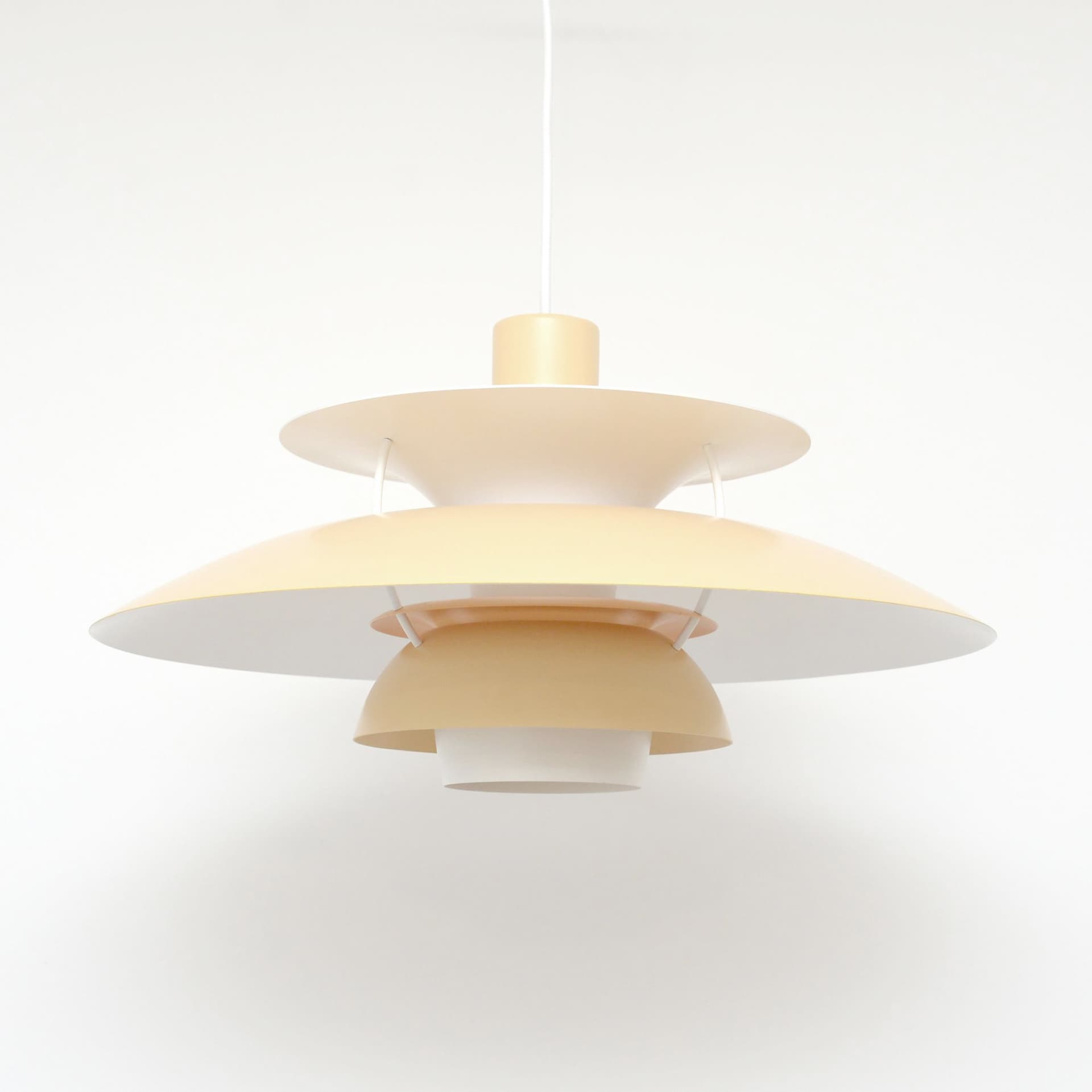Pendant lamp PH5, beige aluminum, by P. Henningsen, Louis Poulsen, Denmark, 1990s. - 289522