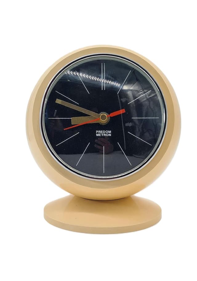 Zegar kominkowy Space Age, beżowy, ABS, metal, szkło, Polska, lata 70. - WYMIARY