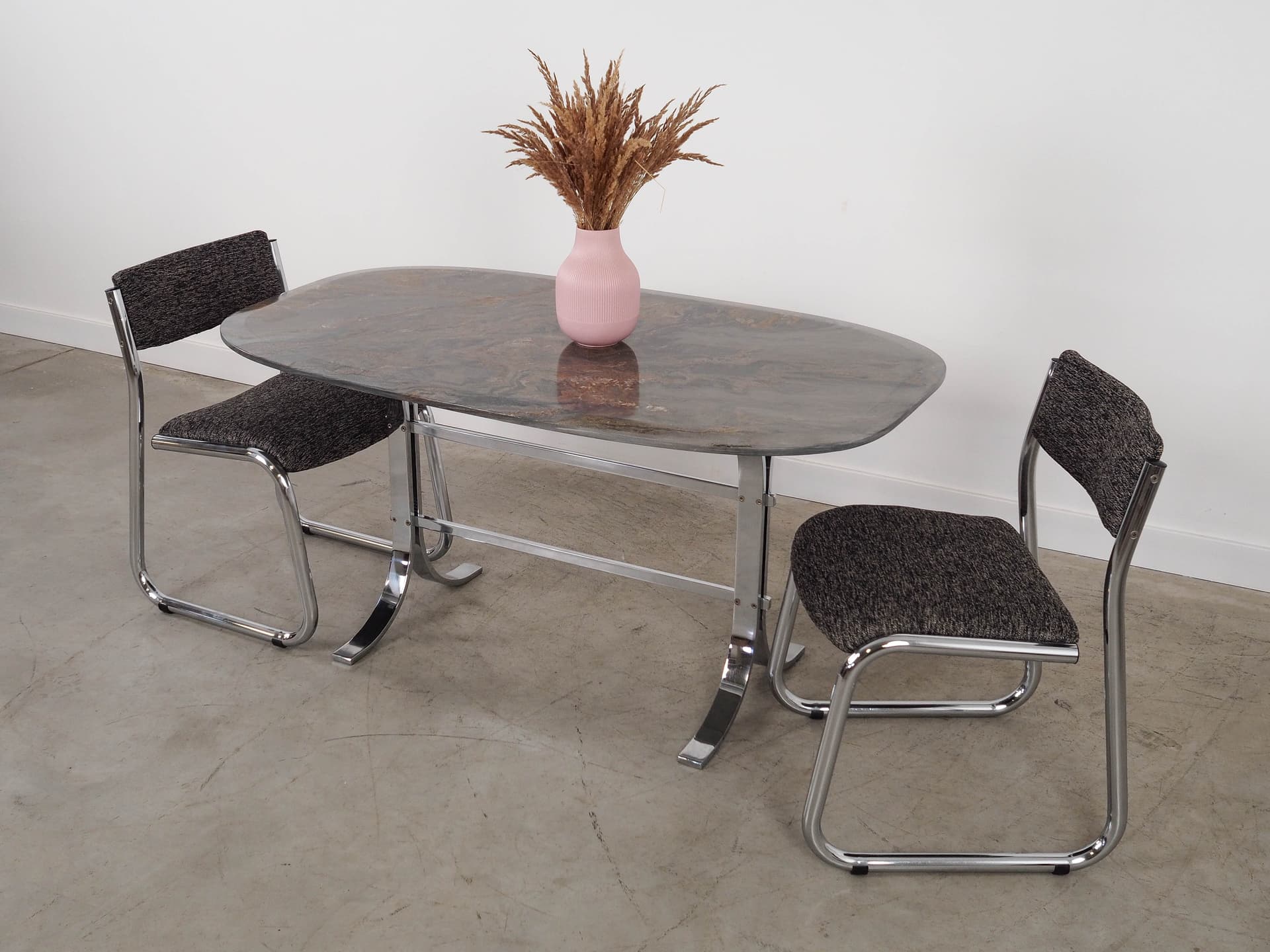 Stół prostokątny, kamień brązowy, metal chromowany, Dania, lata 80. - 289764