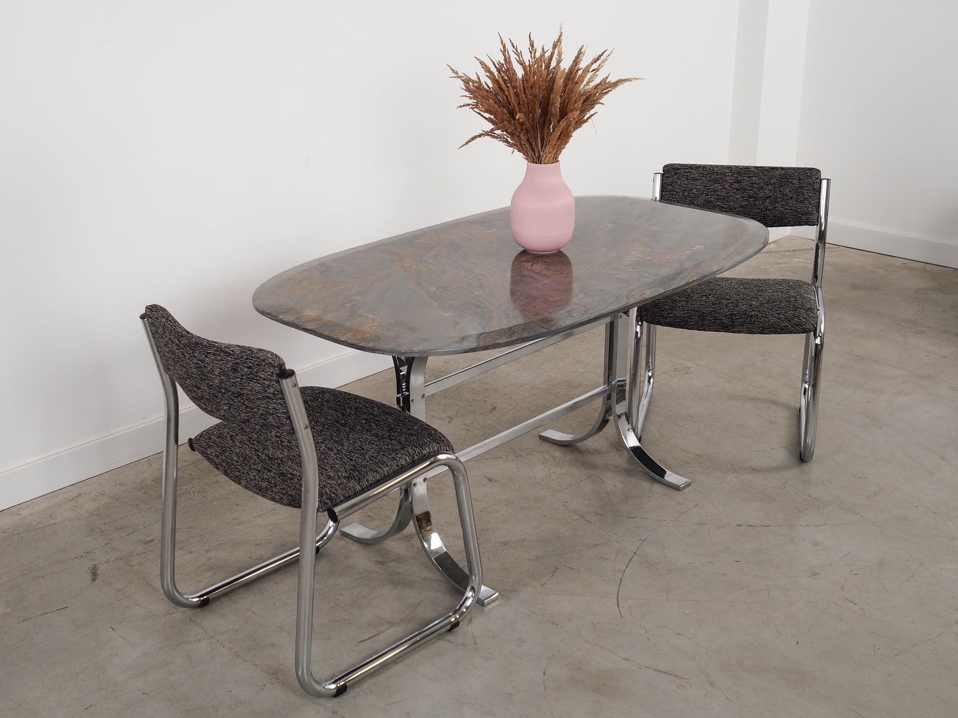 Stół prostokątny, kamień brązowy, metal chromowany, Dania, lata 80. - 289763