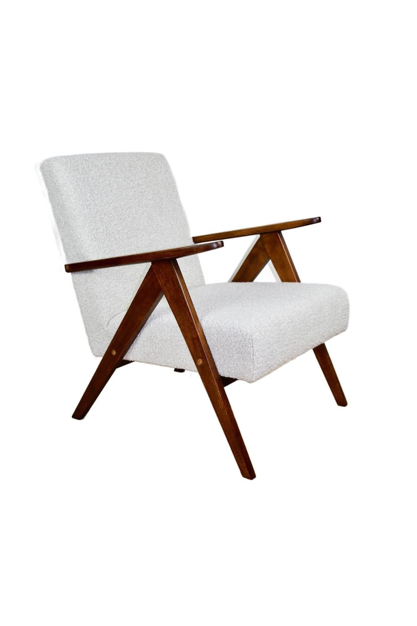 Fotel B-310 VAR, bouclé biały, drewno brązowy, Polska, lata 70.