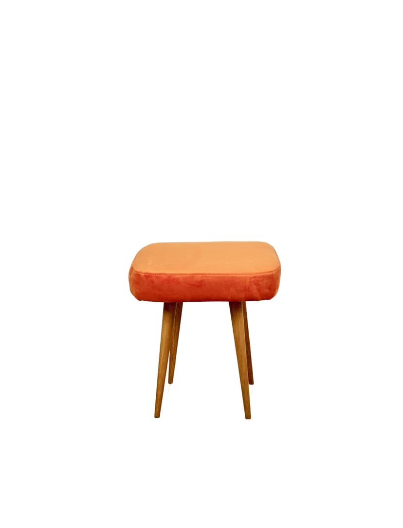 Taboret kwadratowy, velvet pomarańczowy, buk naturalny, Polska, lata 70.