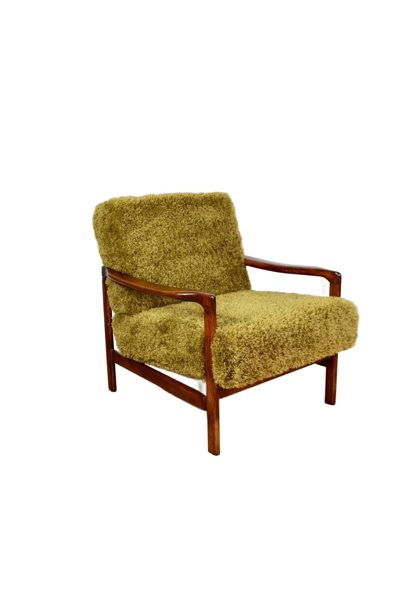 Fotel, brązowy, drewno, tkanina syntetyczna, proj. Z. Bączyk, lata 70.