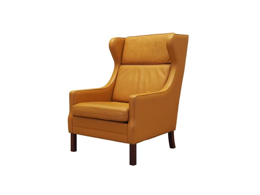Fotel skandynawski, skóra pomarańczowa, buk brązowy, Dania, lata 70.