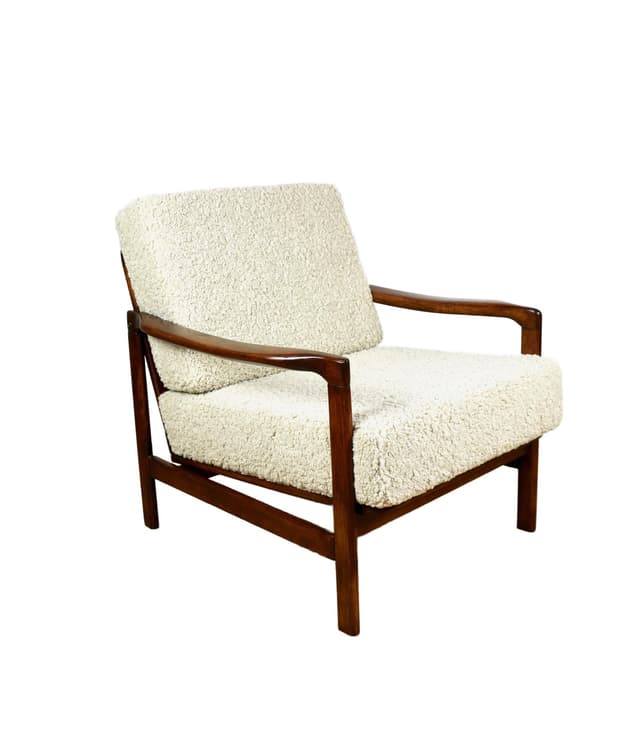 Fotel, boucle beżowy, drewno brązowy, proj. Z. Bączyk, Polska, lata 70. - WYMIARY