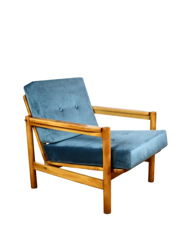 Fotel, velvet morski, buk jasny, proj. Z. Bączyk, Polska, lata 70. - WYMIARY