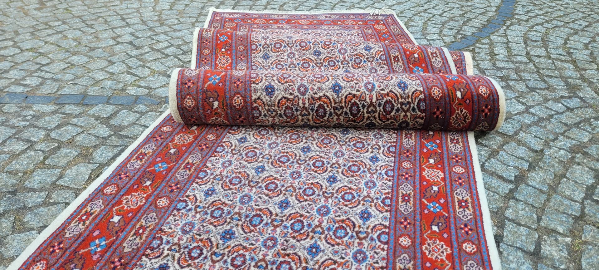 Dywan chodnik Moud, 420x83 cm, wełna czerwona, bawełna biała, Iran, lata 80. - 290105