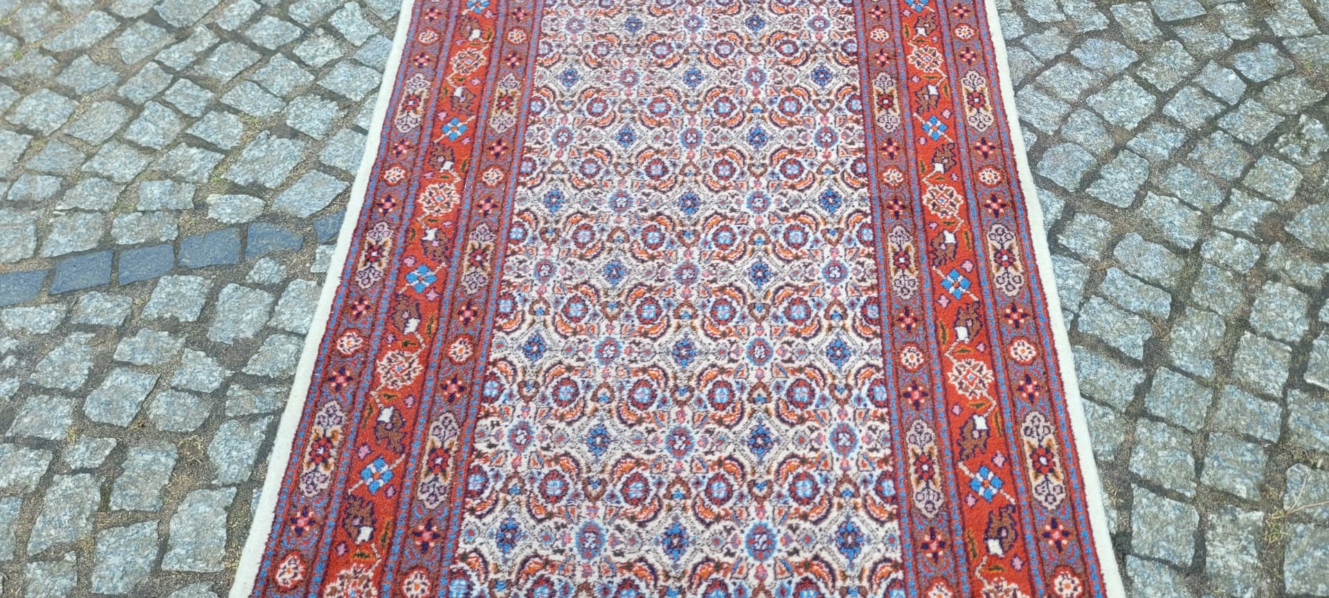 Dywan chodnik Moud, 420x83 cm, wełna czerwona, bawełna biała, Iran, lata 80. - 290108