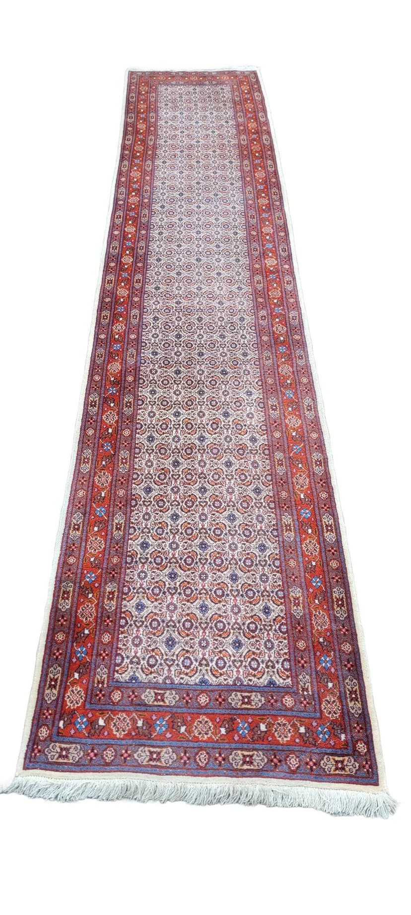 Dywan chodnik Moud, 420x83 cm, wełna czerwona, bawełna biała, Iran, lata 80.