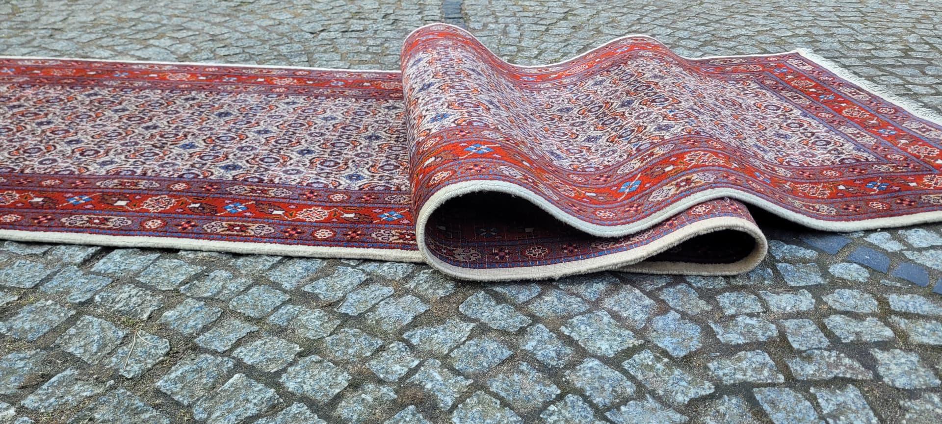 Dywan chodnik Moud, 420x83 cm, wełna czerwona, bawełna biała, Iran, lata 80. - 290106