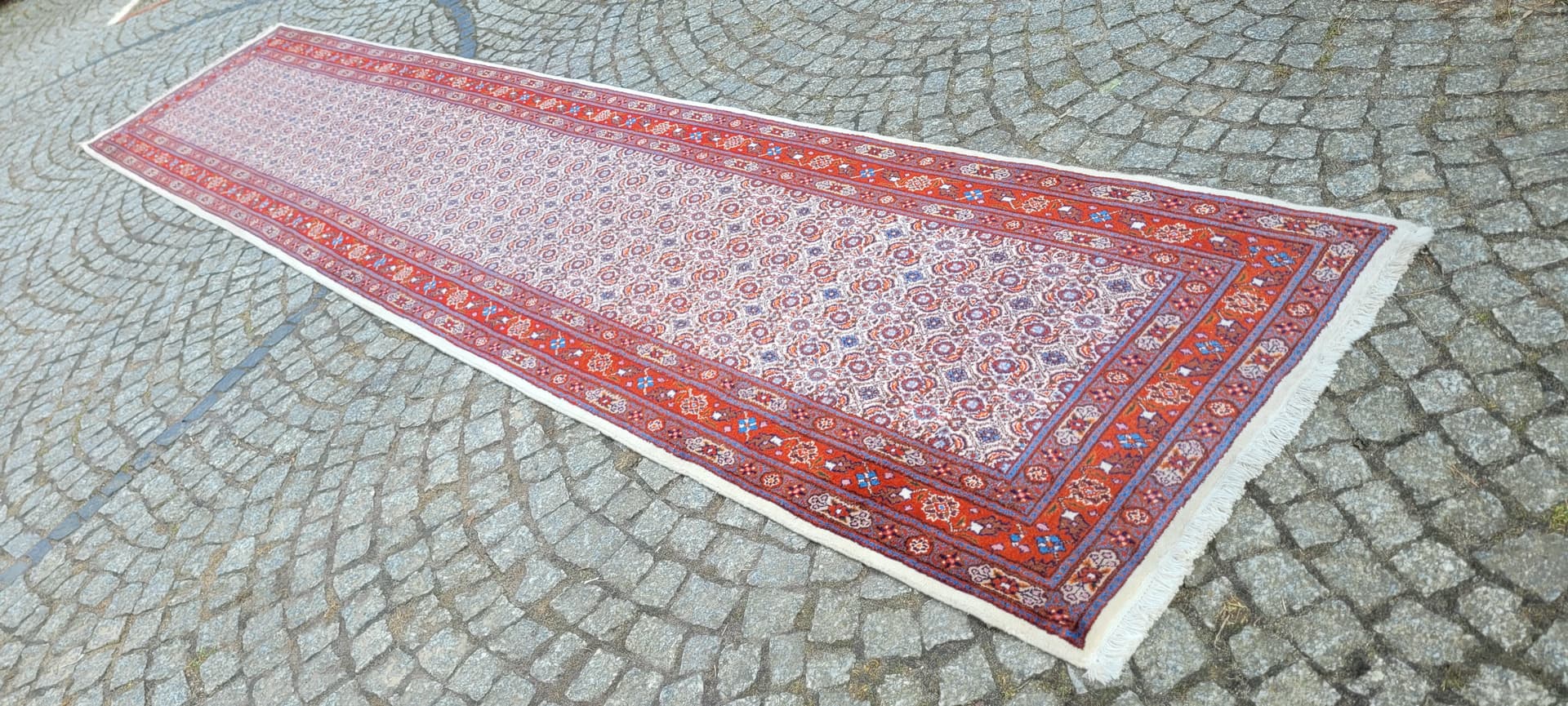 Dywan chodnik Moud, 420x83 cm, wełna czerwona, bawełna biała, Iran, lata 80. - 290101