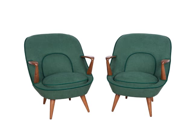 Para foteli 345, bawełna zielona, drewno dąb, proj. J. Jędrachowicz, K. Racinowski, Poznańskie Fabryki Mebli, Polska, lata 50. - WYMIARY