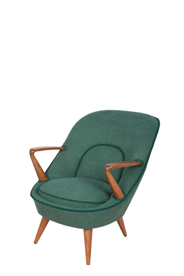 Fotel 345, zielony, tkanina, drewno, proj. J. Jędrachowicz, K. Racinowski, Poznańskie Fabryki Mebli, Polska, lata 50. - WYMIARY