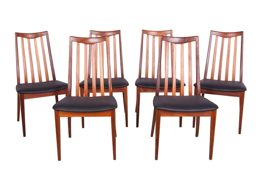 Komplet sześciu krzeseł, teak, skóra czarna, proj. L. Dandy, G-Plan, Wielka Brytania, lata 60.
