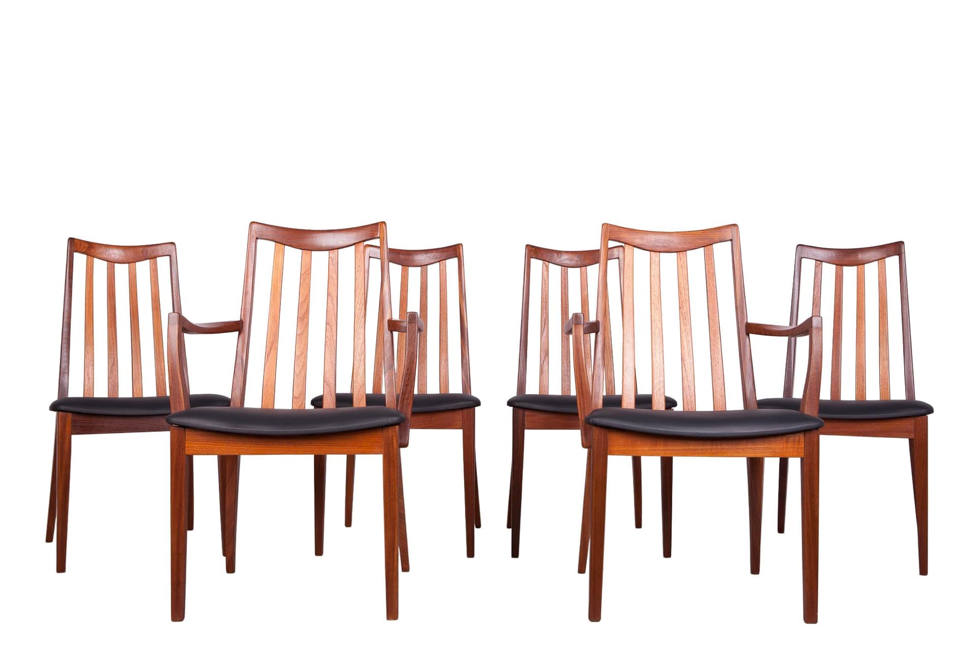 Komplet czterech krzeseł i dwóch foteli, teak, skóra naturalna czarna, proj. L. Dandy, G-Plan, Wielka Brytania, lata 60.