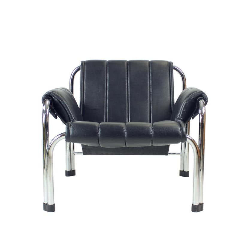 Fotel lounge T 2403, leatherette czarny, chrom, proj. V. Chlebo, Kodreta, Czechosłowacja, lata 80.