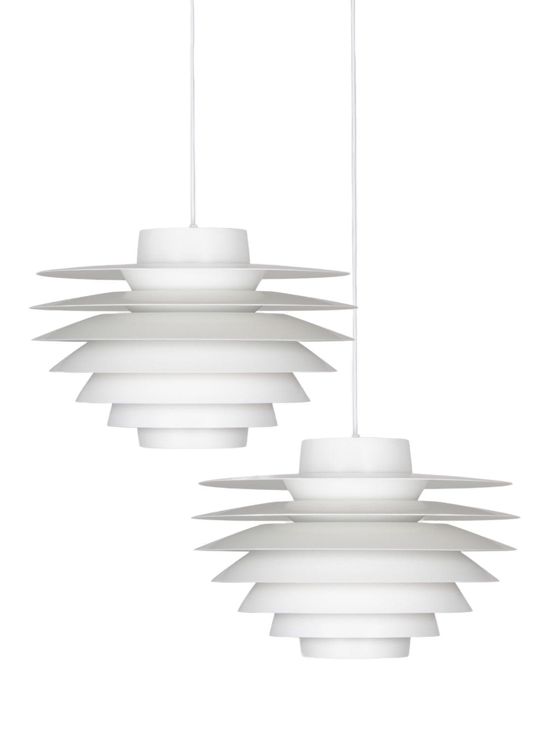 Pair of pendant lamps Verona, white aluminum, by S. Middelboe, Lyfa, Denmark, 1960s.