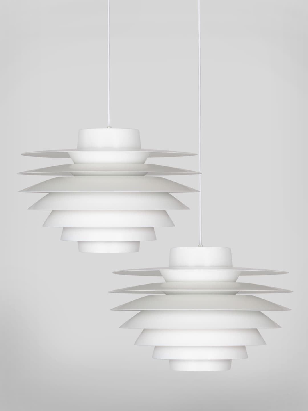 Pair of pendant lamps Verona, white aluminum, by S. Middelboe, Lyfa, Denmark, 1960s. - 290992