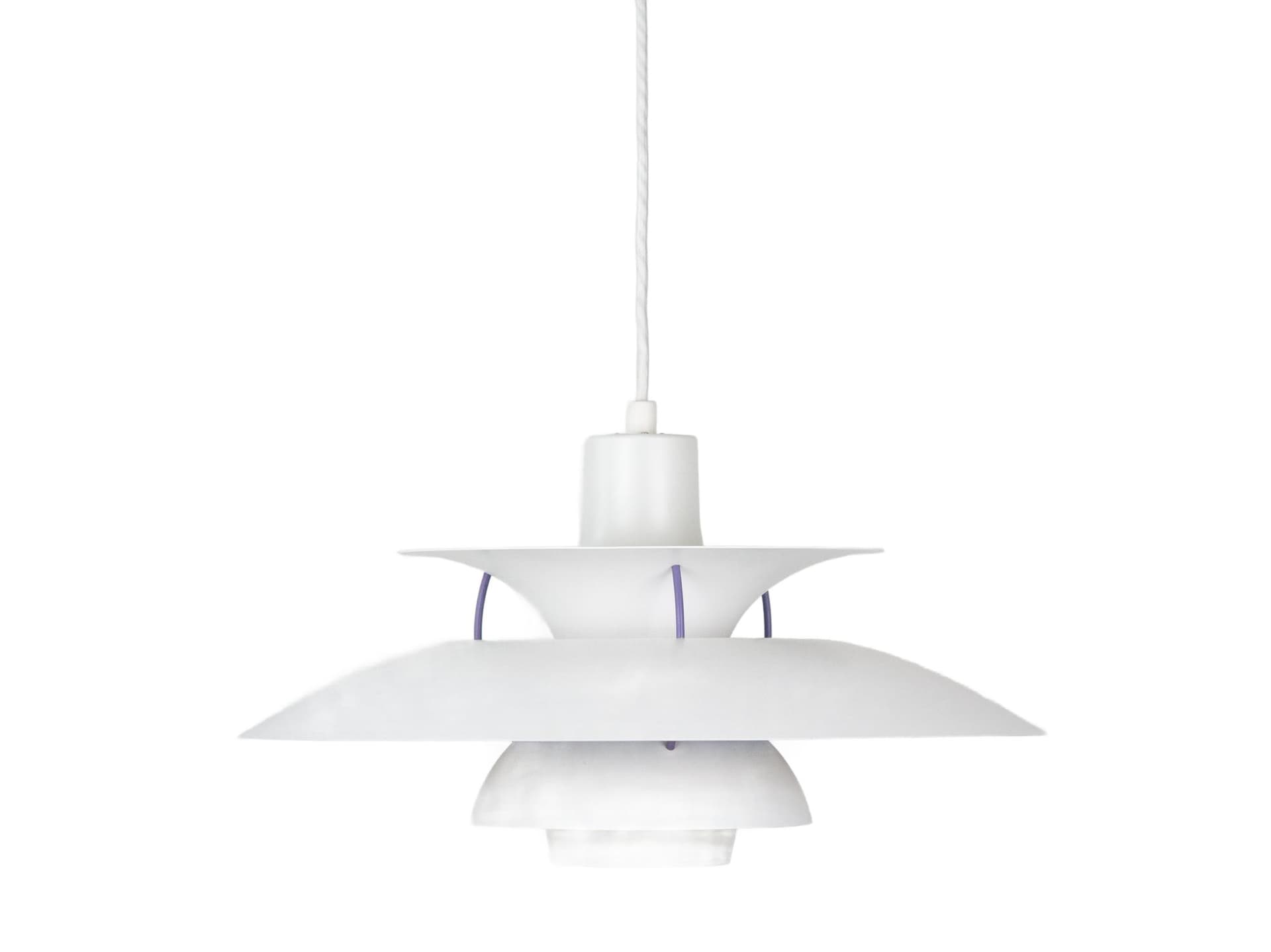 Pendant lamp PH 5, white aluminum, by P. Henningsen, Louis Poulsen, Denmark, 1960s.