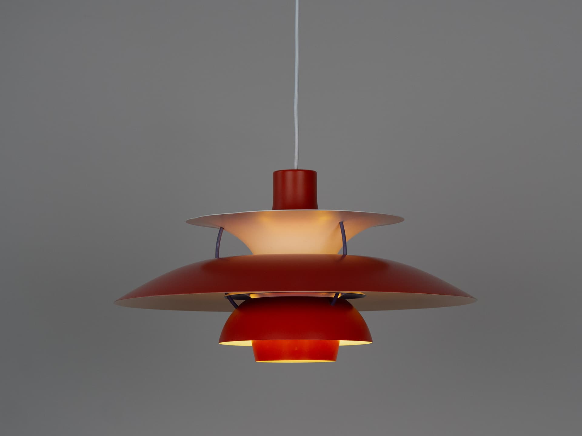 Pendant lamp PH 5, red aluminium, by P. Henningsen, Louis Poulsen, Denmark, 1980s. - 291388
