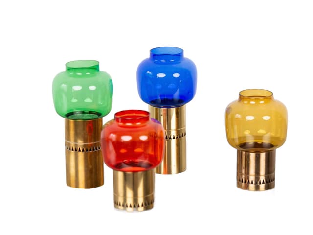 Komplet czterech świeczników Lotta, szkło multikolorowe, mosiądz złoty, proj. H.-A. Jakobsson, Svegards Markaryd, Szwecja, lata 50. - WYMIARY