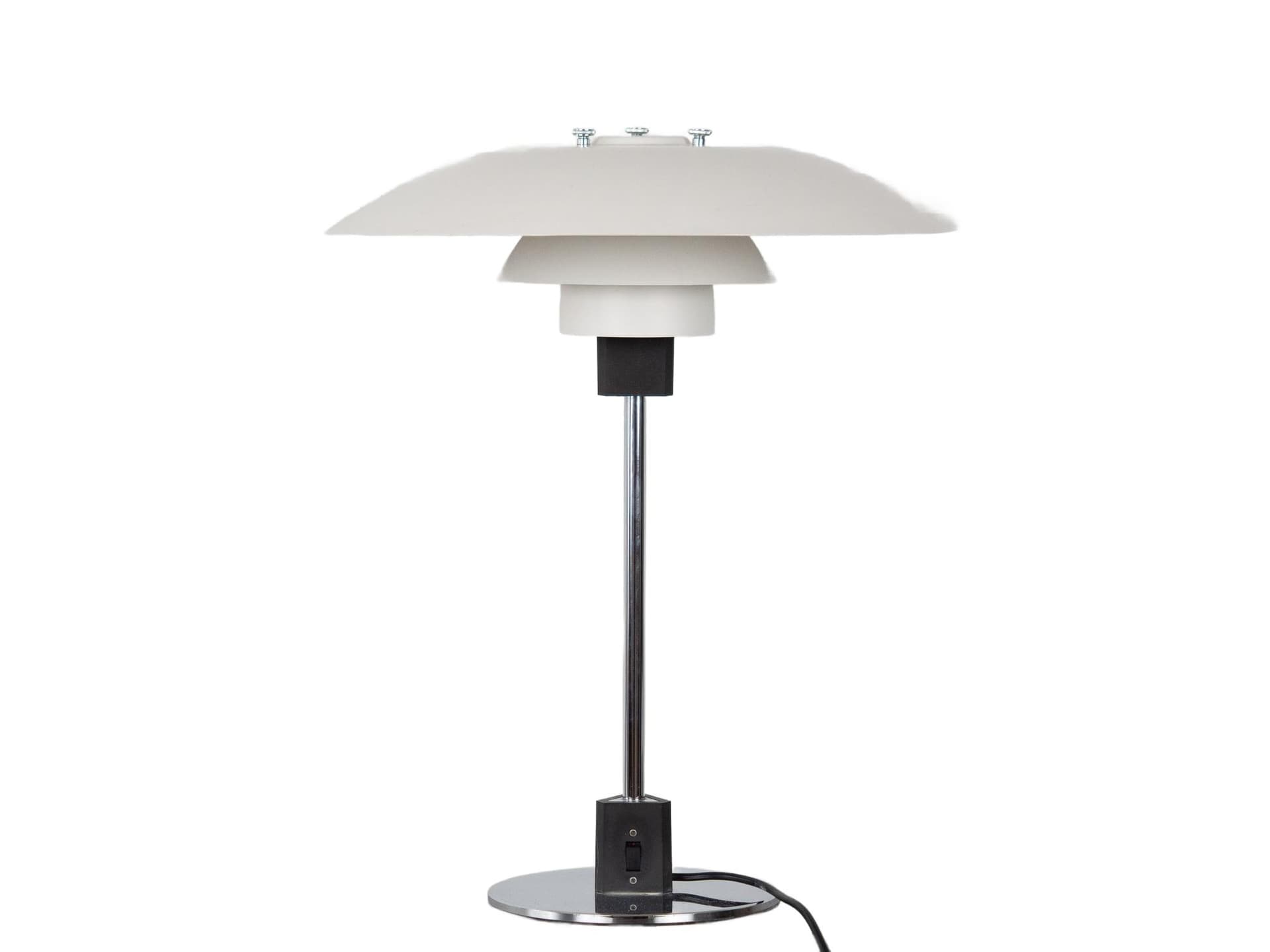 Table lamp PH 4/3, white metal, chrome, by P. Henningsen, Louis Poulsen, Denmark, 1970s.