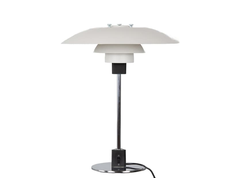 Table lamp PH 4/3, white metal, chrome, by P. Henningsen, Louis Poulsen, Denmark, 1970s.