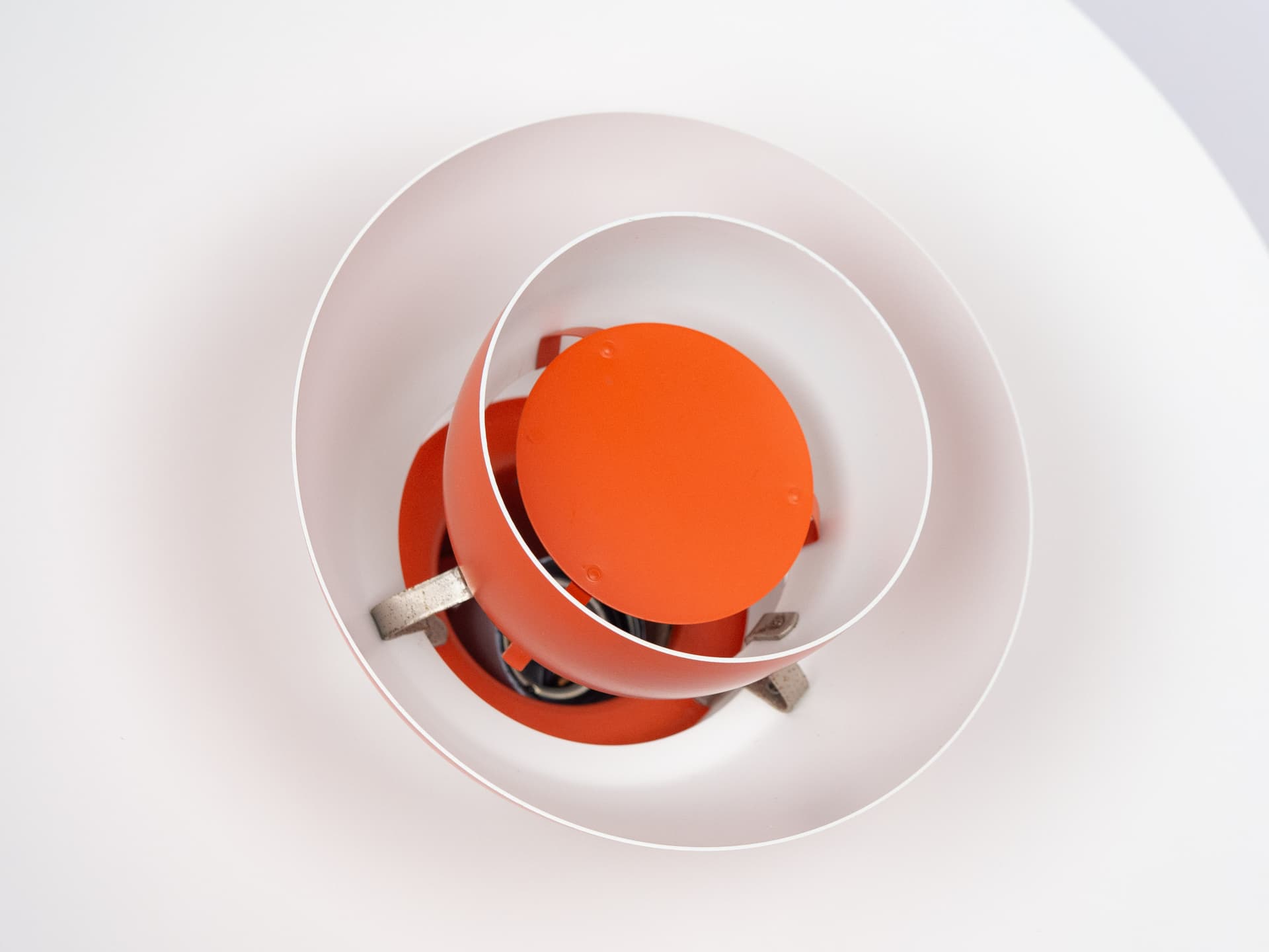 Pendant lamp PH 4/3, red orange, aluminum, by P. Henningsen, Louis Poulsen, Denmark, 1980s. - 291667