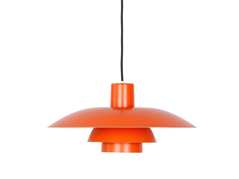 Pendant lamp PH 4/3, red orange, aluminum, by P. Henningsen, Louis Poulsen, Denmark, 1980s.