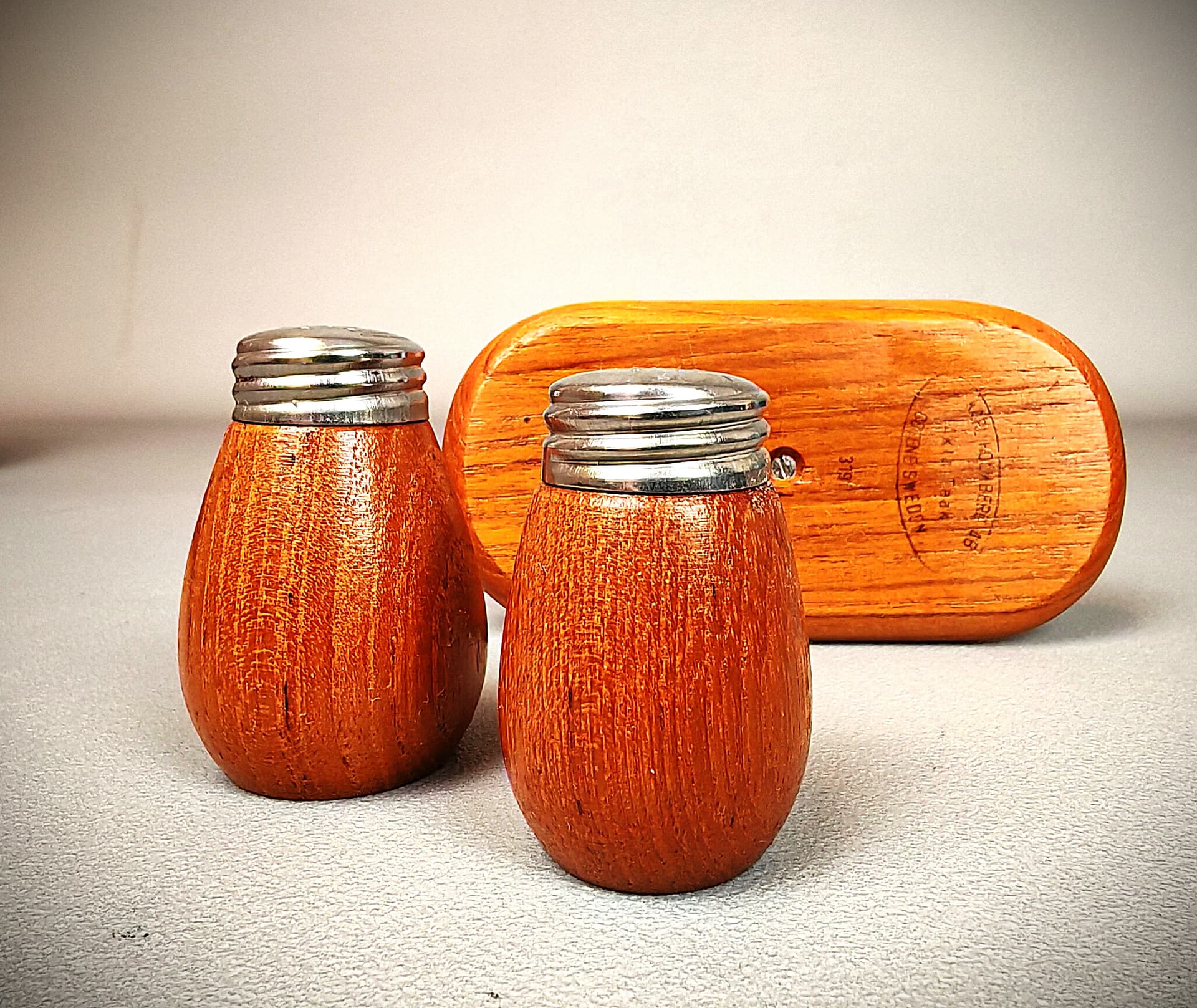 Spice set, brown teak, stainless steel, Sweden, 1950s. - 291734