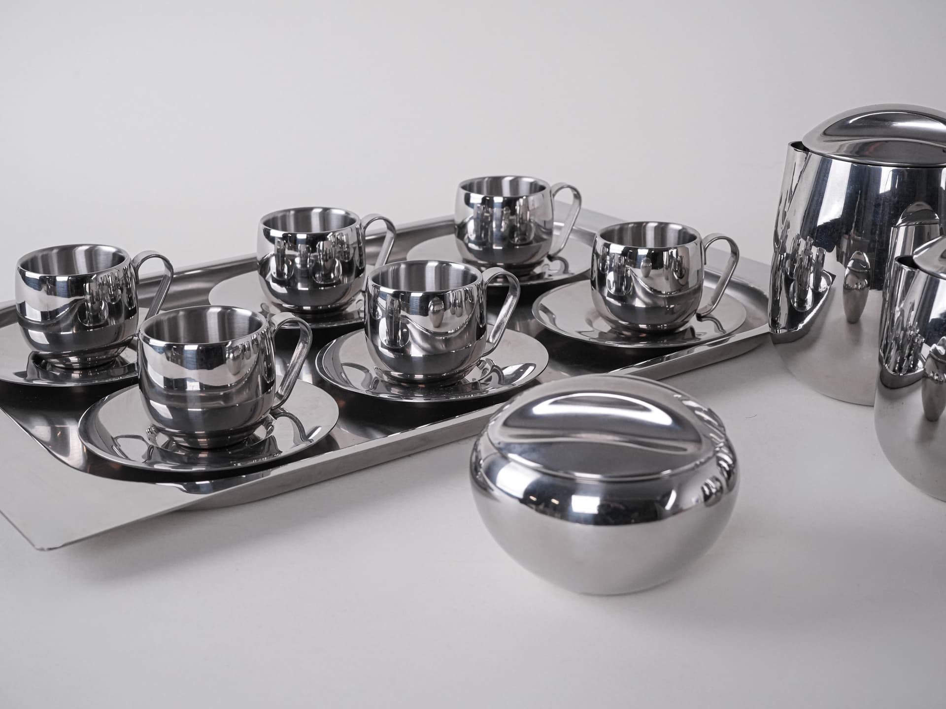 Zestaw do kawy i herbaty, srebrny, stal nierdzewna polerowana, Włochy, lata 80. - 291850