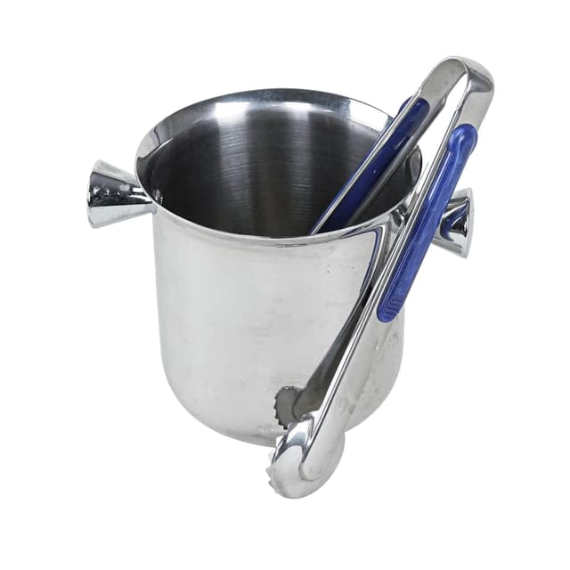Ice bucket, silver stainless steel, blue enamel, Italy, 1970s. - DIMENSION