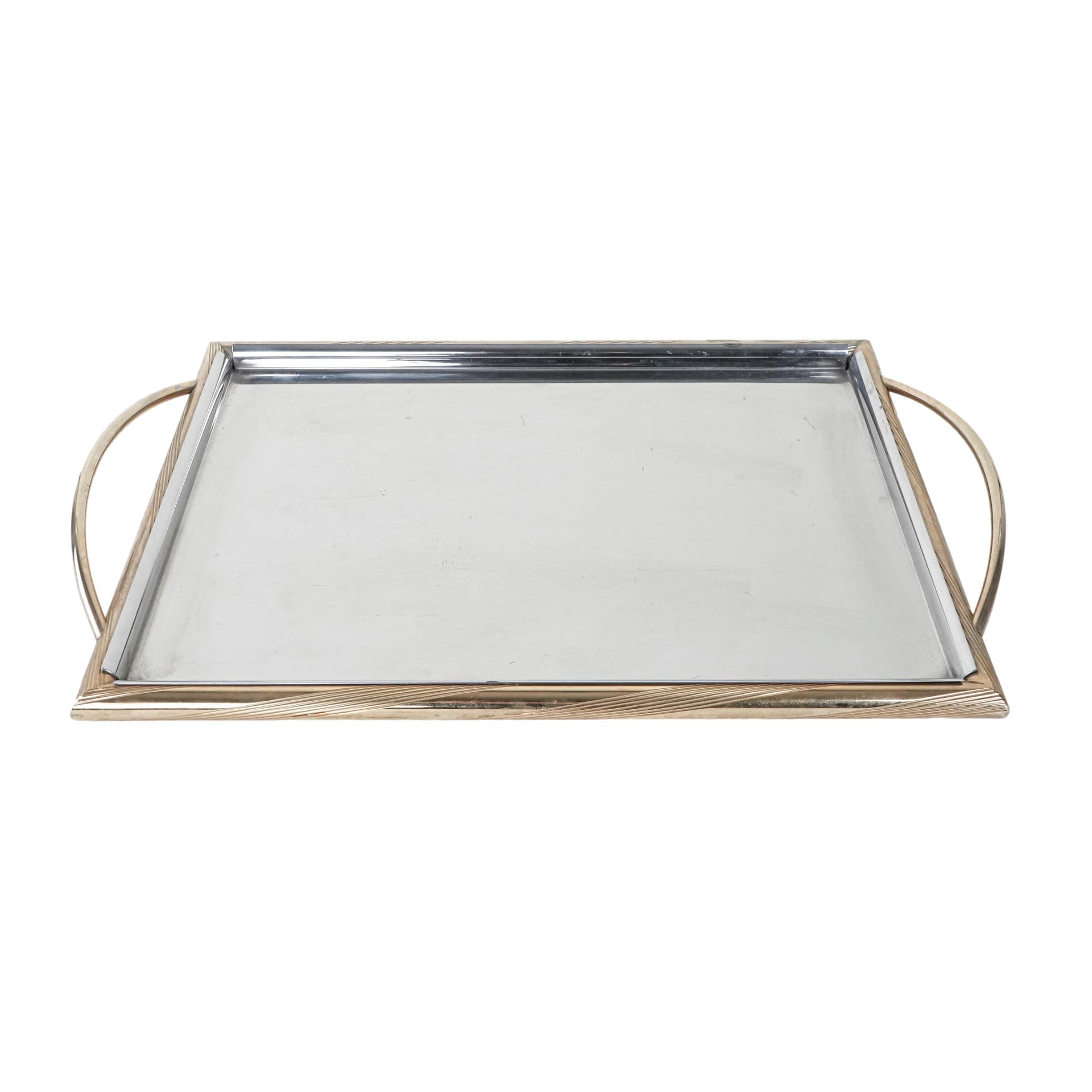Rectangular tray, silver stainless steel, gold brass, Italy, 1970s.