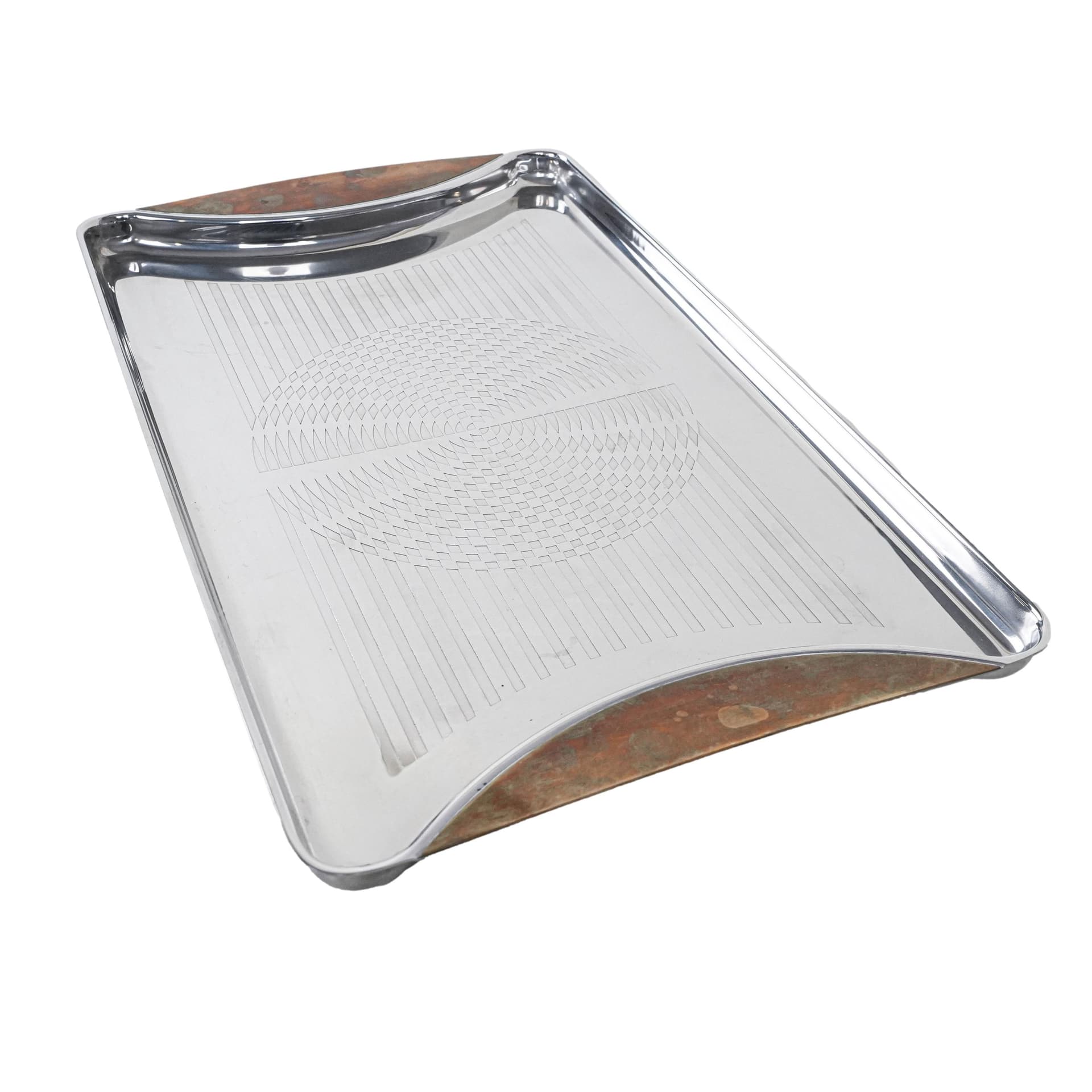 Tray, silver stainless steel, transparent amber acrylic, Germany, 1970s.