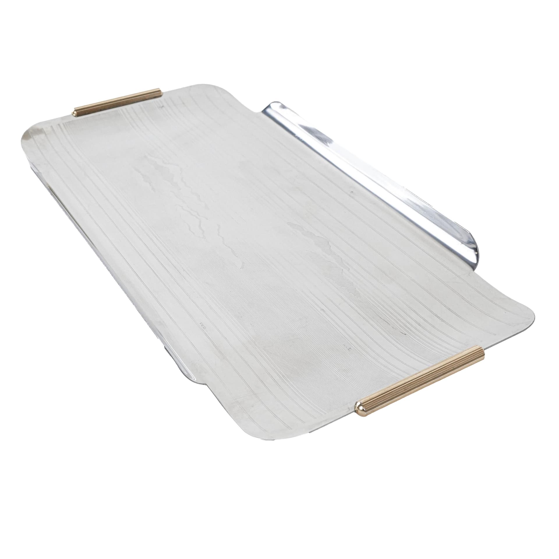 Tray, silver stainless steel, gold steel handles, Italy, 1970s.